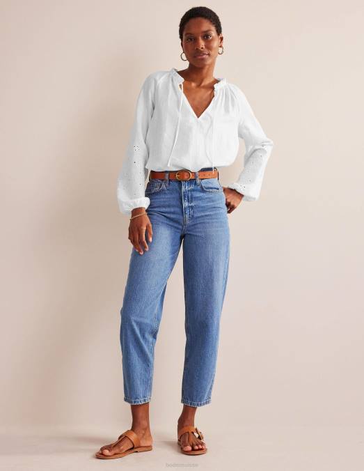 Boden vêtements blanc femmes haut en lin à col noué et broderie LB2X105