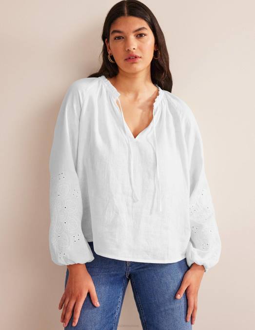 Boden vêtements blanc femmes haut en lin à col noué et broderie LB2X105