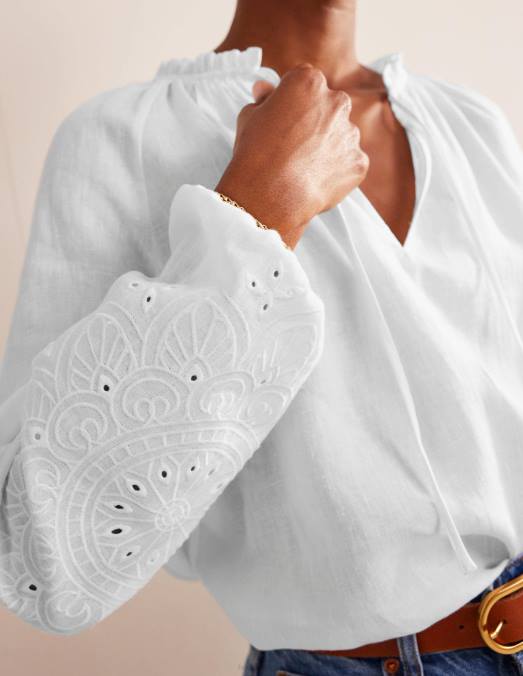 Boden vêtements blanc femmes haut en lin à col noué et broderie LB2X105