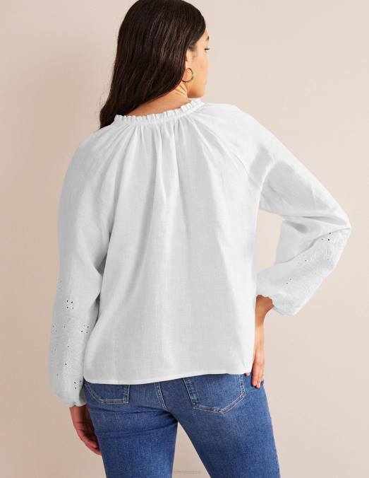 Boden vêtements blanc femmes haut en lin à col noué et broderie LB2X105