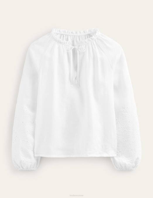 Boden vêtements blanc femmes haut en lin à col noué et broderie LB2X105