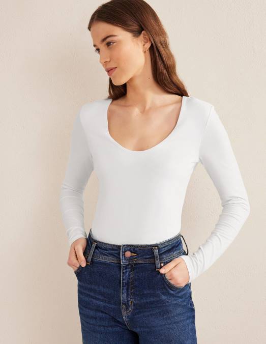 Boden vêtements blanc femmes haut à encolure dégagée double épaisseur LB2X149