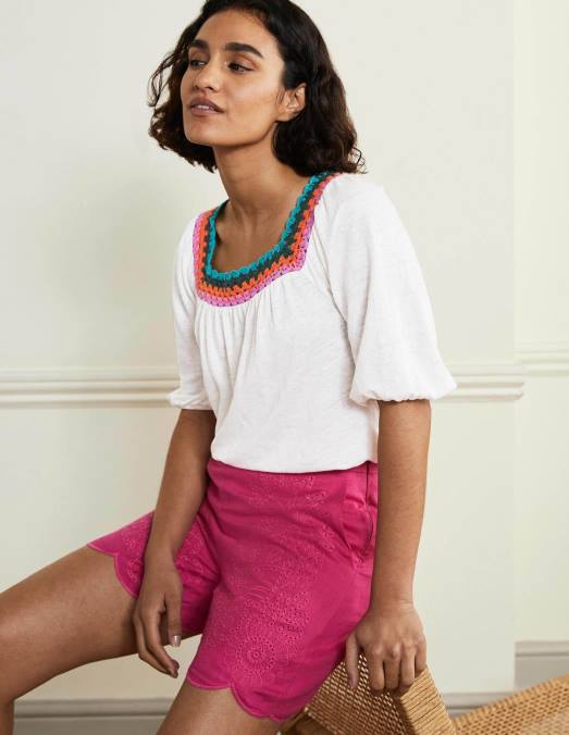 Boden vêtements blanc femmes haut à manches bouffantes et bordure en crochet LB2X2217