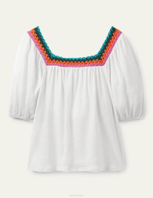 Boden vêtements blanc femmes haut à manches bouffantes et bordure en crochet LB2X2217