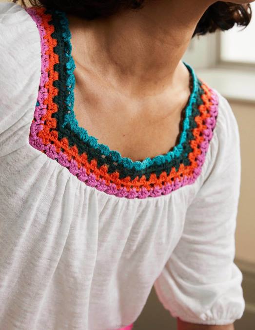 Boden vêtements blanc femmes haut à manches bouffantes et bordure en crochet LB2X2217