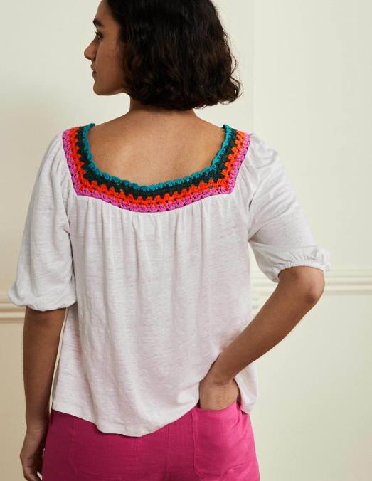 Boden vêtements blanc femmes haut à manches bouffantes et bordure en crochet LB2X2217