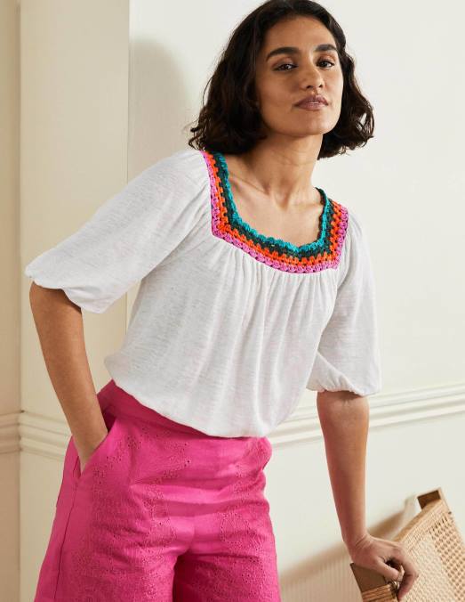Boden vêtements blanc femmes haut à manches bouffantes et bordure en crochet LB2X2217