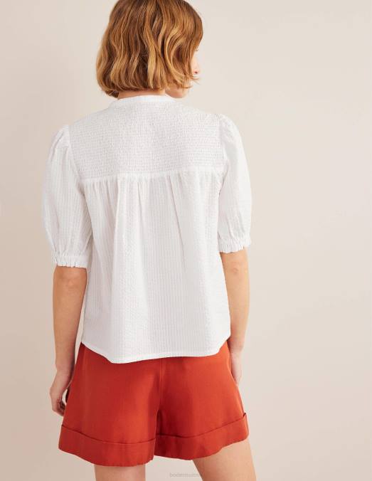 Boden vêtements blanc femmes popover en seersucker à manches bouffantes LB2X1599
