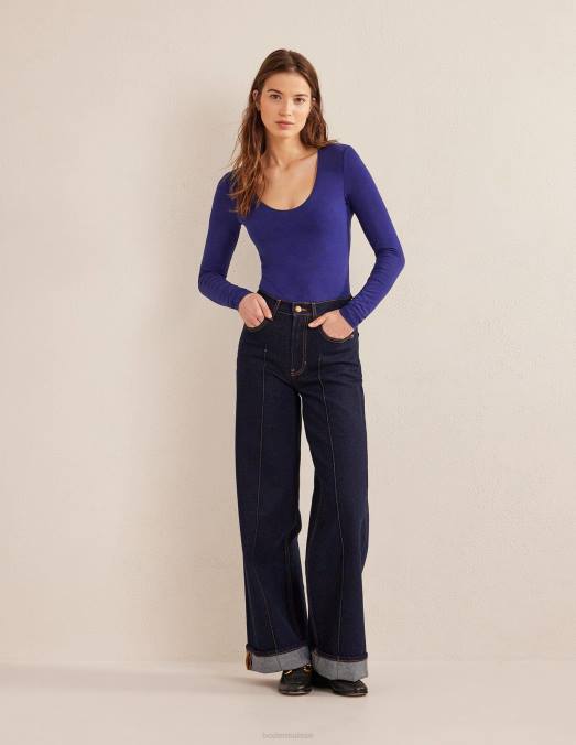 Boden vêtements bleu de Prusse femmes haut à encolure dégagée double épaisseur LB2X1569
