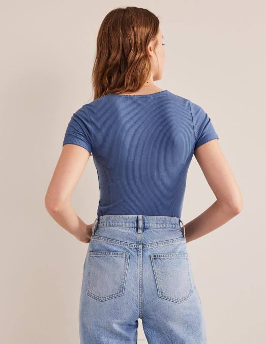 Boden vêtements bleu français femmes haut côtelé à encolure dégagée LB2X1763