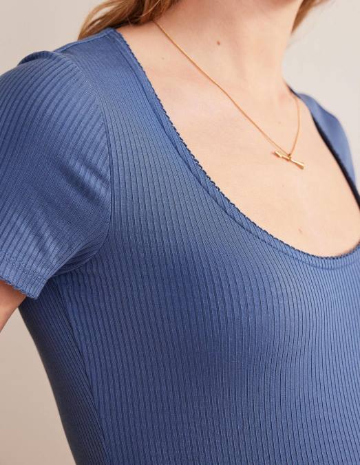 Boden vêtements bleu français femmes haut côtelé à encolure dégagée LB2X1763