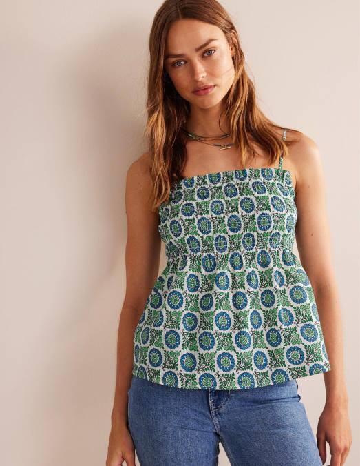 Boden vêtements bleu égéen et brin de tournesol femmes caraco smocké LB2X99