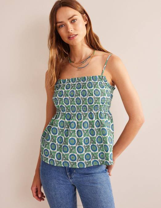 Boden vêtements bleu égéen et brin de tournesol femmes caraco smocké LB2X99