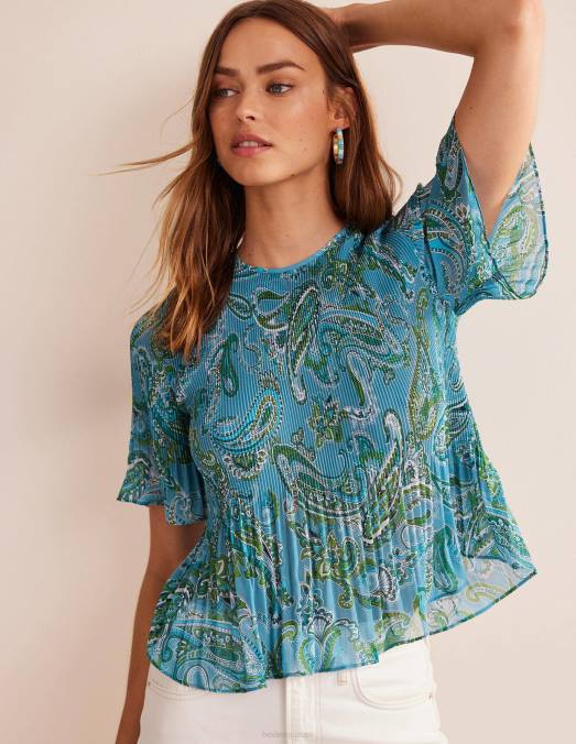 Boden vêtements bleu égéen et pop paradisiaque femmes haut plissé à manches flottantes LB2X104