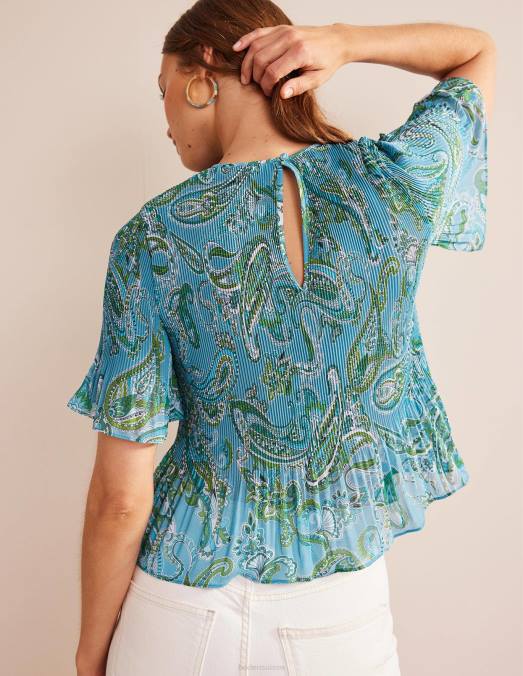 Boden vêtements bleu égéen et pop paradisiaque femmes haut plissé à manches flottantes LB2X104