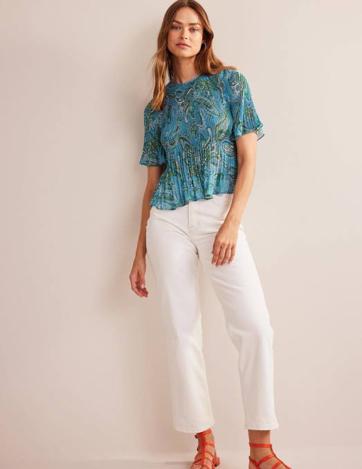 Boden vêtements bleu égéen et pop paradisiaque femmes haut plissé à manches flottantes LB2X104