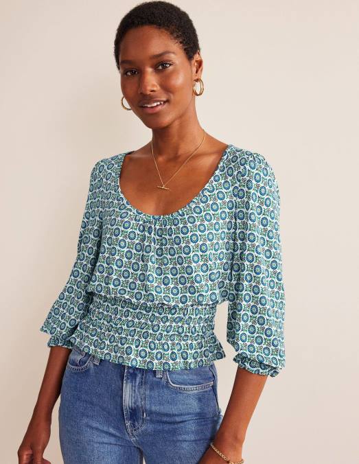 Boden vêtements bleu égéen et printemps tournesol femmes haut à basque en jersey smocké LB2X110