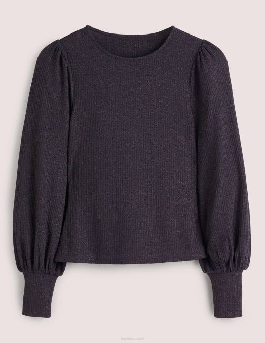 Boden vêtements bleu marine/cuivre scintillant femmes haut métallisé à manches blousantes LB2X1994
