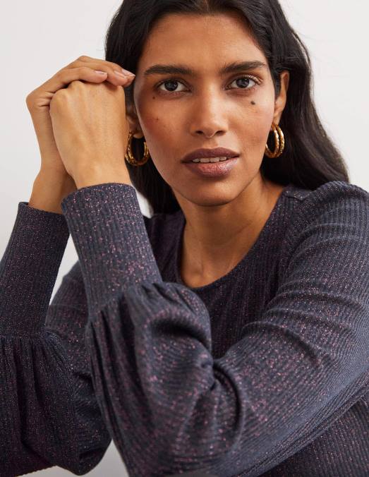 Boden vêtements bleu marine/cuivre scintillant femmes haut métallisé à manches blousantes LB2X1994