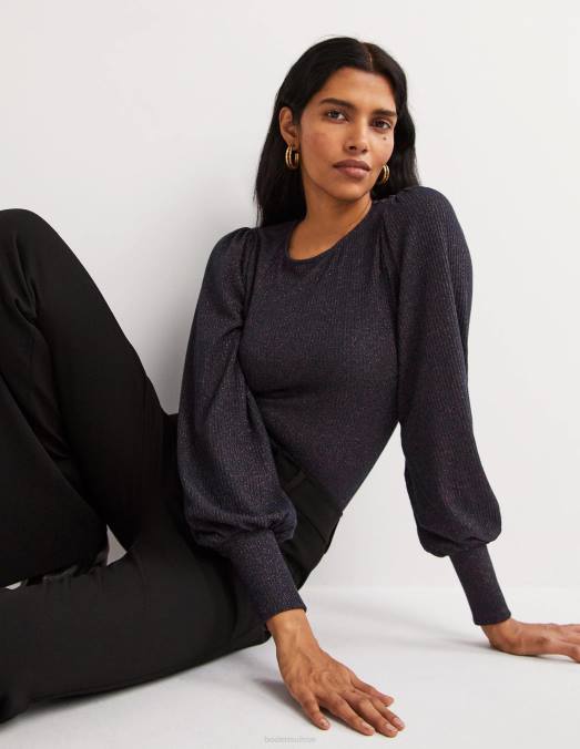 Boden vêtements bleu marine/cuivre scintillant femmes haut métallisé à manches blousantes LB2X1994