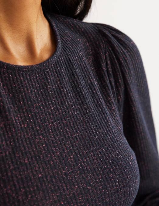 Boden vêtements bleu marine/cuivre scintillant femmes haut métallisé à manches blousantes LB2X1994