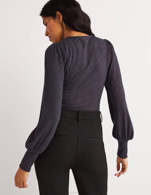 Boden vêtements bleu marine/cuivre scintillant femmes haut métallisé à manches blousantes LB2X1994