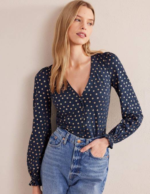 Boden vêtements bleu marine français et pois fleuris femmes haut à col en V boutonné sur le devant LB2X2518