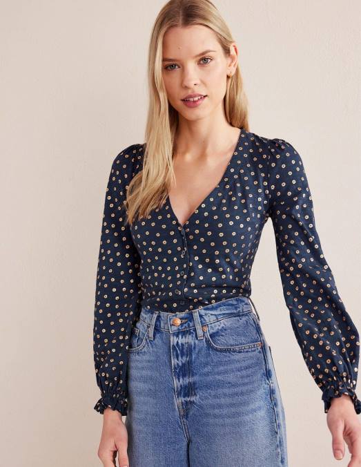 Boden vêtements bleu marine français et pois fleuris femmes haut à col en V boutonné sur le devant LB2X2518