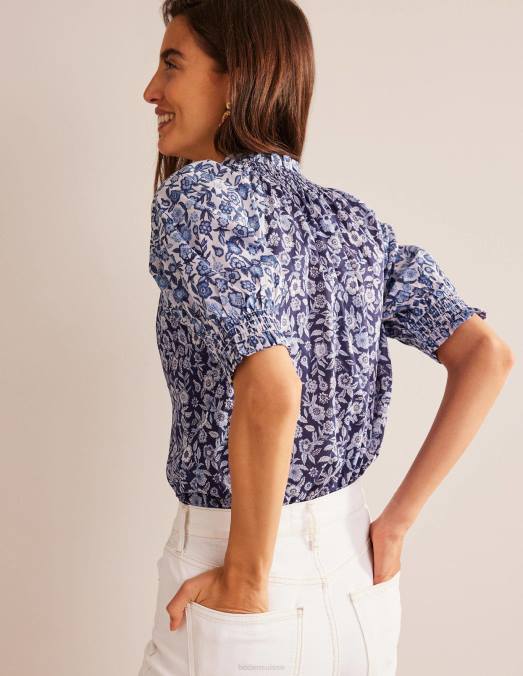 Boden vêtements bleu porcelaine et fleur de pensée femmes haut en coton remixé LB2X151