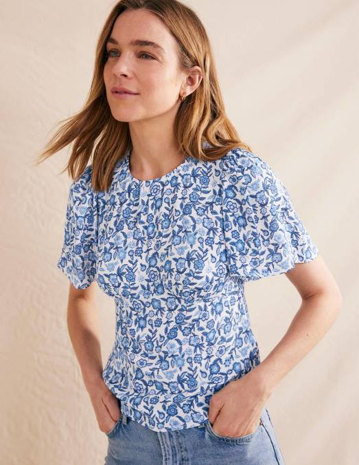 Boden vêtements bleu porcelaine et fleur de pensée femmes haut à manches flottantes LB2X2249