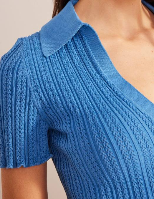 Boden vêtements bleu porcelaine femmes haut côtelé à col en pointelle LB2X2433