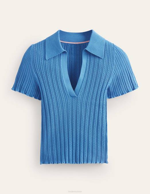 Boden vêtements bleu porcelaine femmes haut côtelé à col en pointelle LB2X2433
