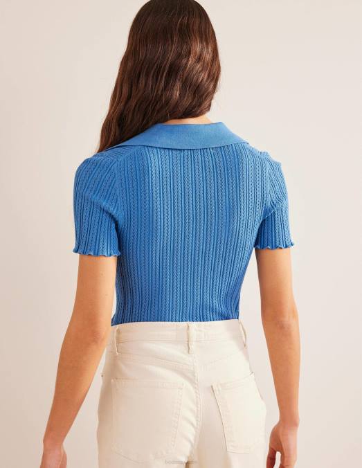 Boden vêtements bleu porcelaine femmes haut côtelé à col en pointelle LB2X2433