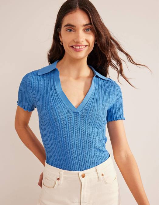 Boden vêtements bleu porcelaine femmes haut côtelé à col en pointelle LB2X2433