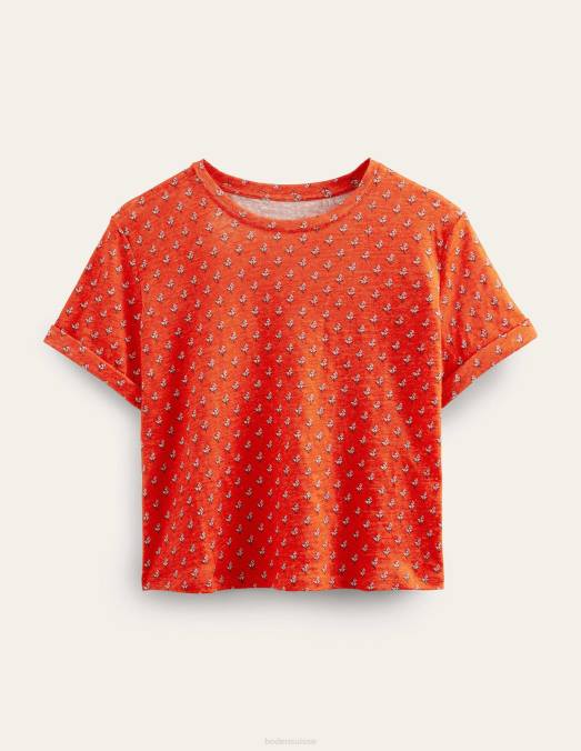 Boden vêtements blush orange sanguine et tulipe femmes t-shirt en lin imprimé LB2X1265