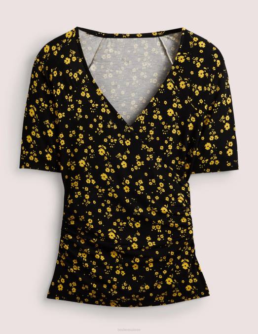 Boden vêtements brin noir et floral femmes haut cache-cœur à manches courtes LB2X146