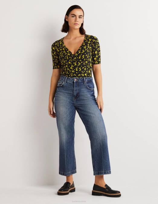 Boden vêtements brin noir et floral femmes haut cache-cœur à manches courtes LB2X146