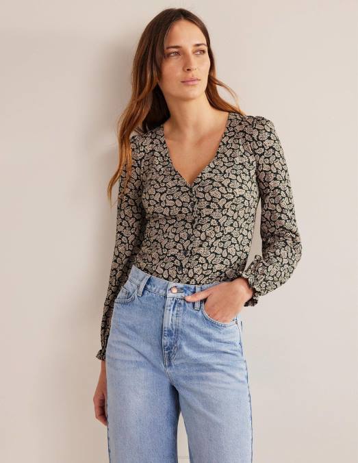 Boden vêtements cavelo noir et cachemire pop femmes haut à col en V boutonné sur le devant LB2X2262