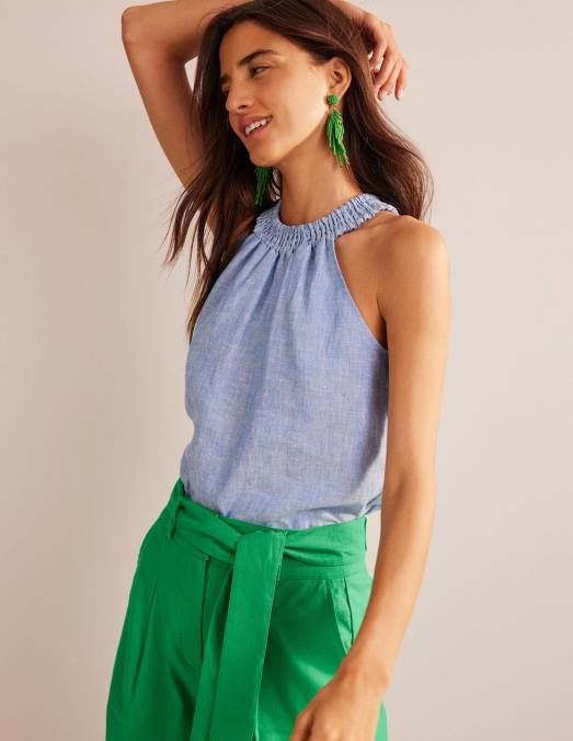 Boden vêtements chambray femmes haut dos nu smocké en lin LB2X183