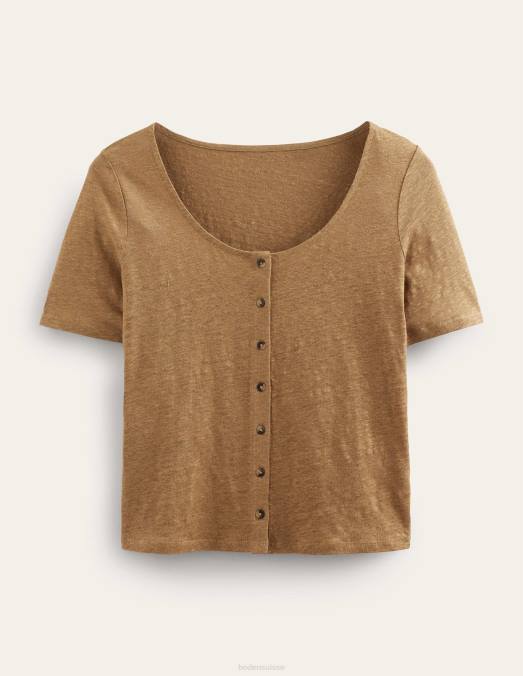 Boden vêtements chameau femmes t-shirt en lin à encolure dégagée LB2X1113