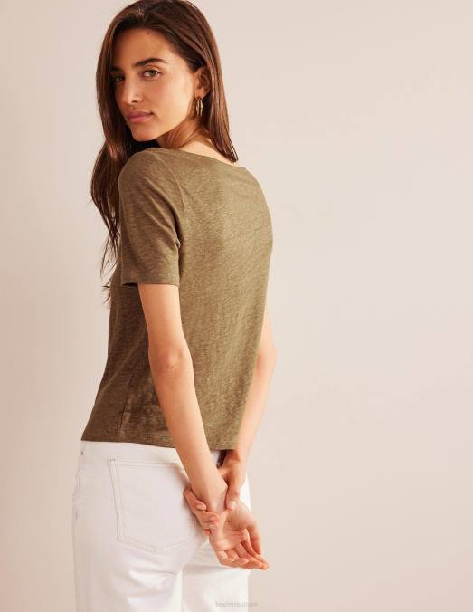 Boden vêtements chameau femmes t-shirt en lin à encolure dégagée LB2X1113