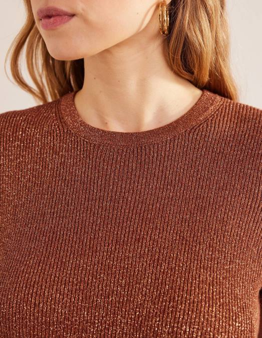 Boden vêtements cognac bronze or éclat femmes t-shirt raccourci en maille scintillante LB2X1737