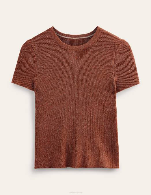 Boden vêtements cognac bronze or éclat femmes t-shirt raccourci en maille scintillante LB2X1737