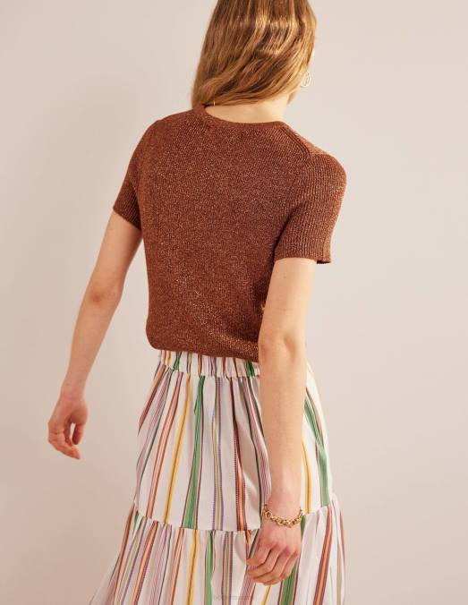 Boden vêtements cognac bronze or éclat femmes t-shirt raccourci en maille scintillante LB2X1737