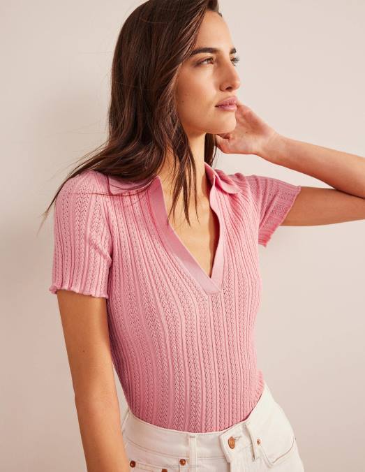 Boden vêtements dahlia rose femmes haut côtelé à col en pointelle LB2X1095