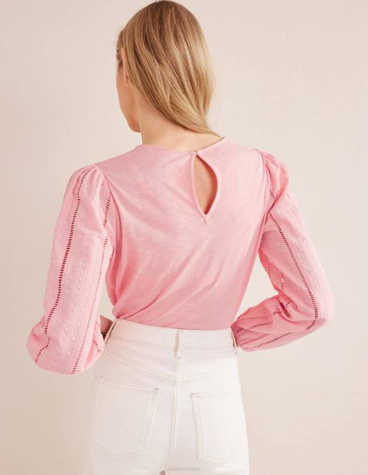 Boden vêtements dahlia rose femmes haut à col rond et manches brodées LB2X2503