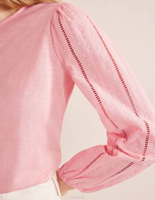 Boden vêtements dahlia rose femmes haut à col rond et manches brodées LB2X2503