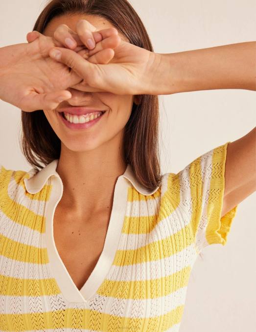 Boden vêtements doux nid d'abeille et rayures ivoire femmes haut côtelé à col en pointelle LB2X1339