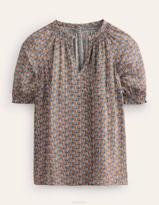 Boden vêtements fleur de prunier et tige cachemire femmes haut à manches courtes et col froncé LB2X102