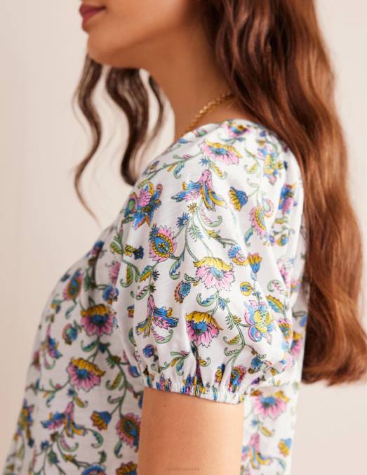 Boden vêtements fleur de prunier ivoire femmes haut fluide en jersey à col V LB2X122